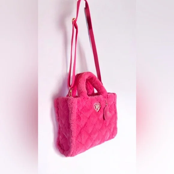 Juicy Couture Large Bag Pink Faux Fur Tote Bag w/ Crossbody Strap. So cute! 🩷 - Picture 4 of 12